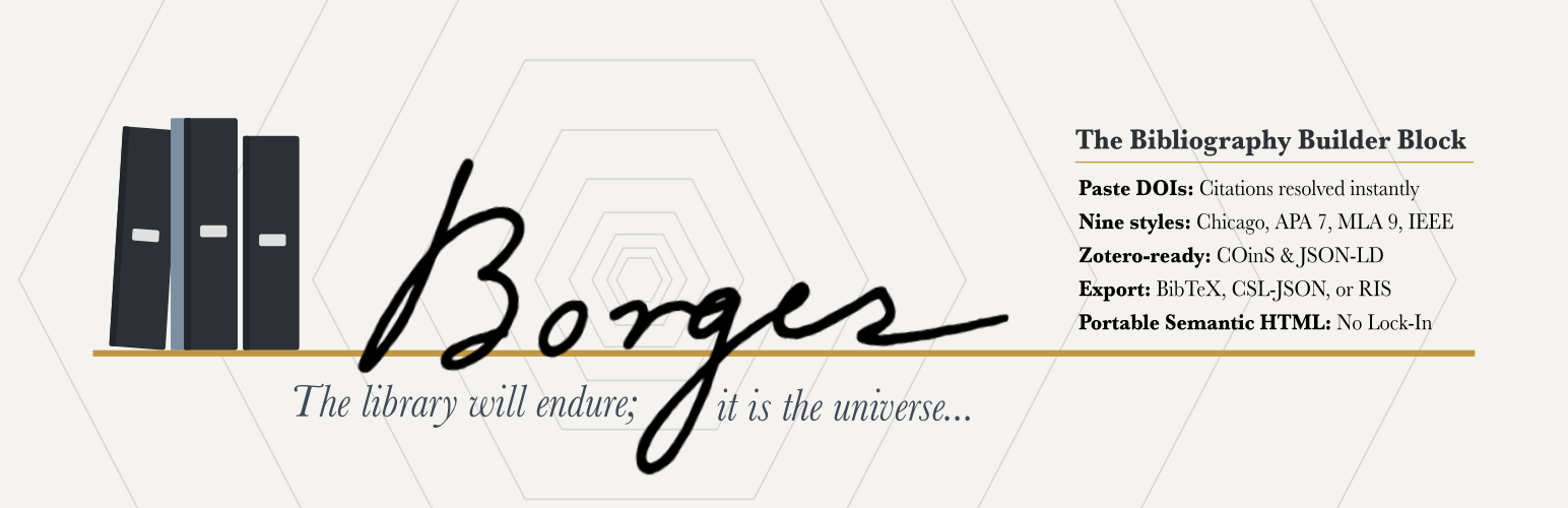 Borges Bibliography Builder banner graphic with stacked books, the project title, scholarly citation features, and a Borges quote.
